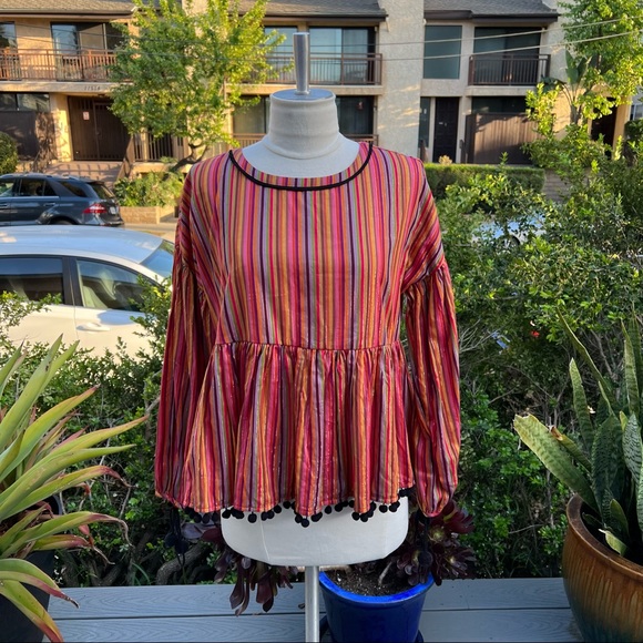 AMARYLLIS Stripe Top Cotton and Lurex Pom Pom Bottom Hem and Sleeve Size XS - Picture 1 of 9